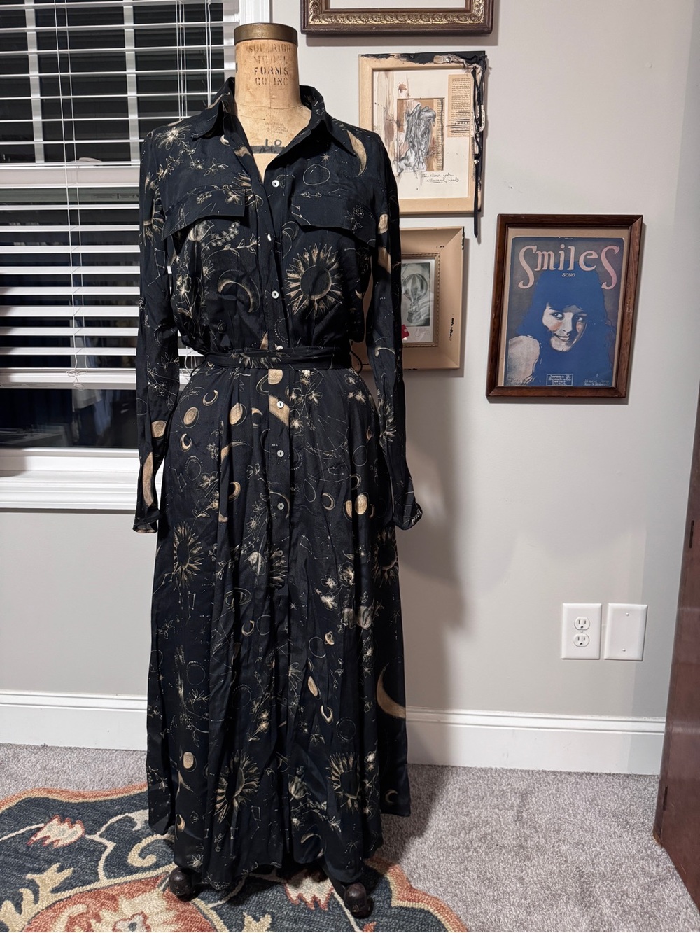 Massimo Dutti Black Celestial Print Maxi Shirt Dress